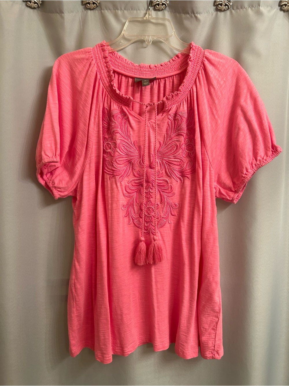Style & Co. Coral Pink Embroidered Tassel Peasant Tunic